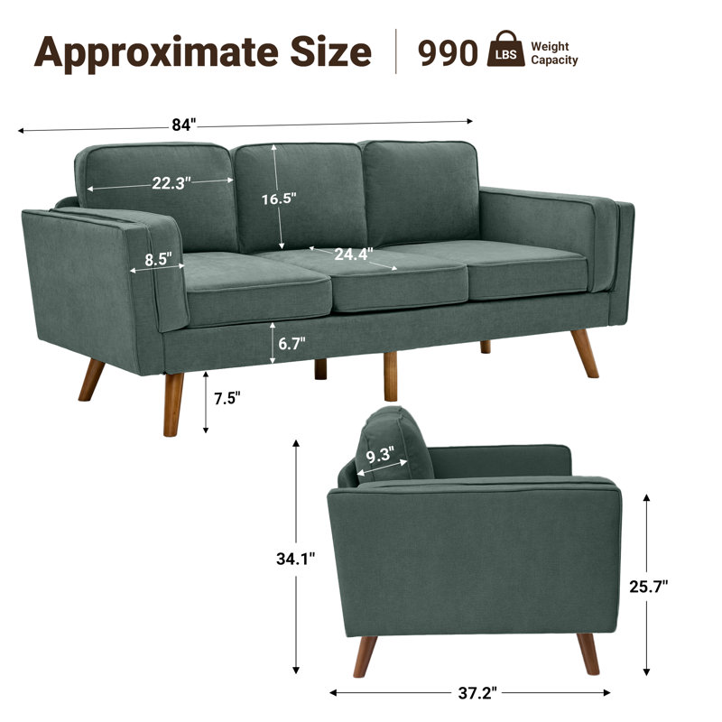 84'' Mid-Century Modern Upholstered Sofa, Solid Wood Frame & Legs, 3-Seat Couch for Living Room, Green Chenille