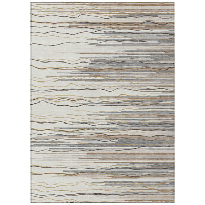 3' X 5' Ivory Brown And Gray Striped Washable Indoor Outdoor Area Rug