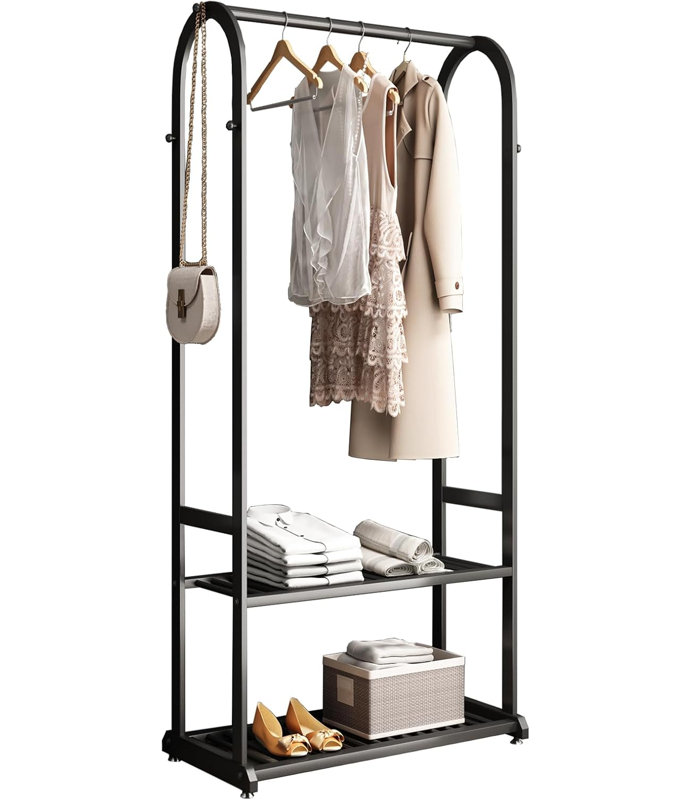 Black Heavy Duty Metal Garment Rack with Shelves and Hooks