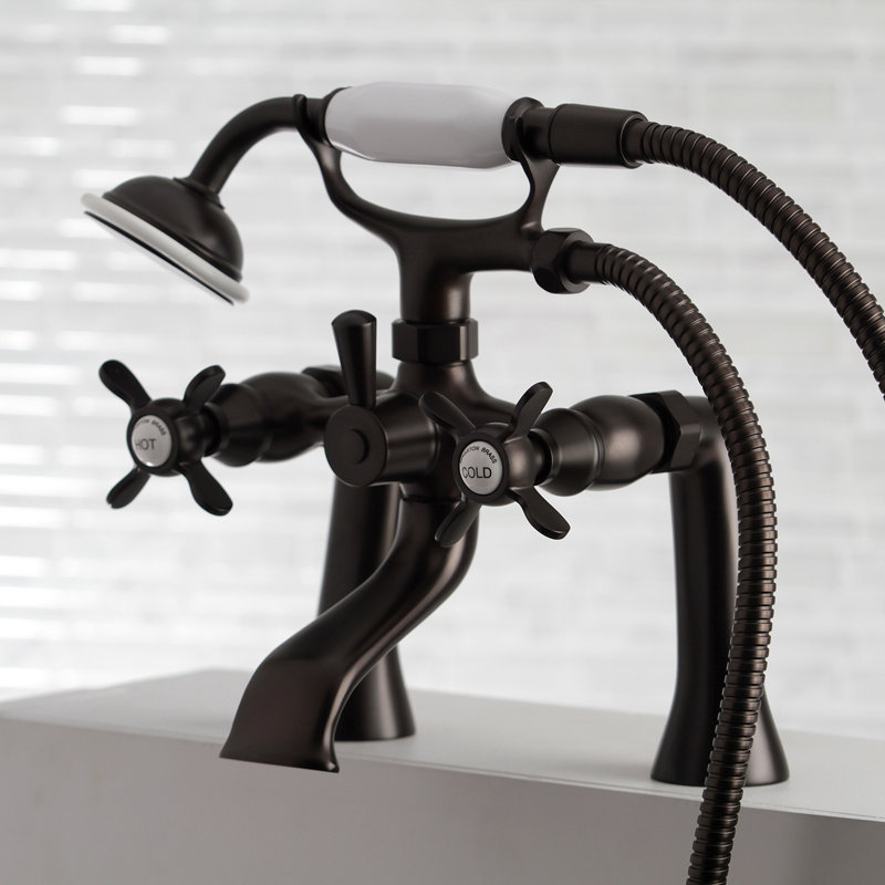 Kingston Brass Essex Three-Handle 2-Hole Deck Mount Clawfoot Tub Faucet with Hand Shower, Oil Rubbed Bronze