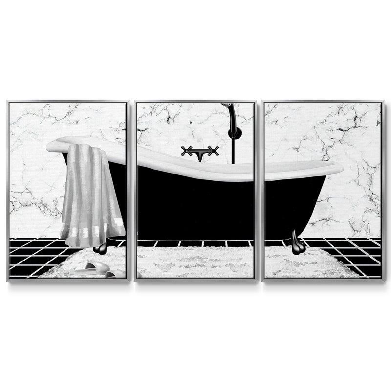 Modern Bath I - 3 pièces, reproduction encadrée sur toile, H 40 po x l 78 po x P 2 po, Argent