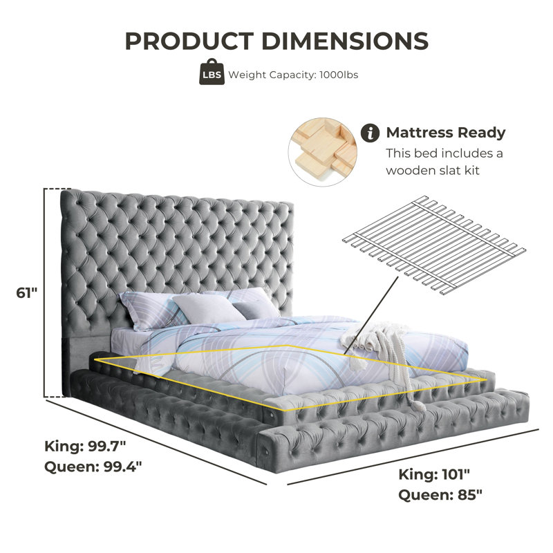Deskins Low Profile Tufted Upholstered Platform Bed, Gray, King