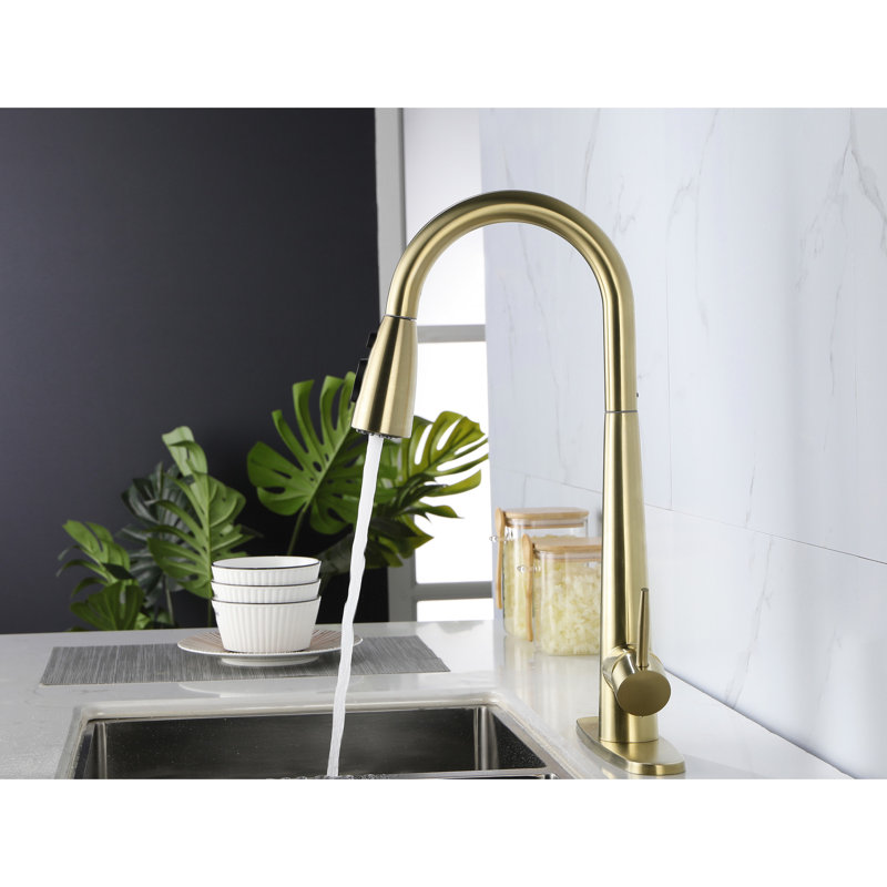 Pull Down Kitchen Faucet In Gold - Fingerprint, Deck Mounted Single Hole, 360 Twisting Water Nozzle, Quality Stainless Out Fingerprint-, Hole Mount, Discharge Spout, Robust Steel