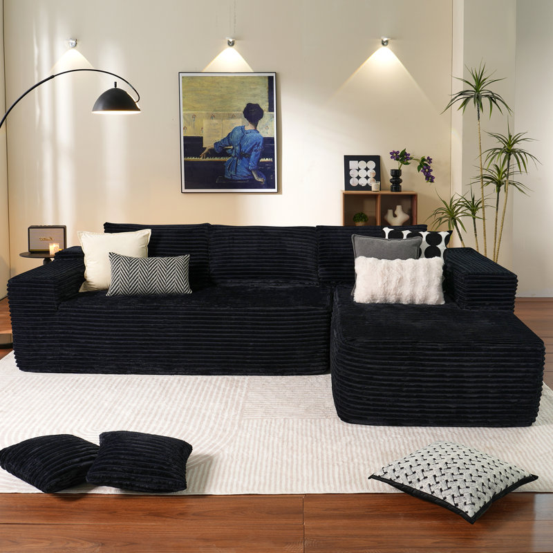 Canapé modulaire à compression 2 pièces avec 3 sièges Boneless, Peluche noire, Right Side Support