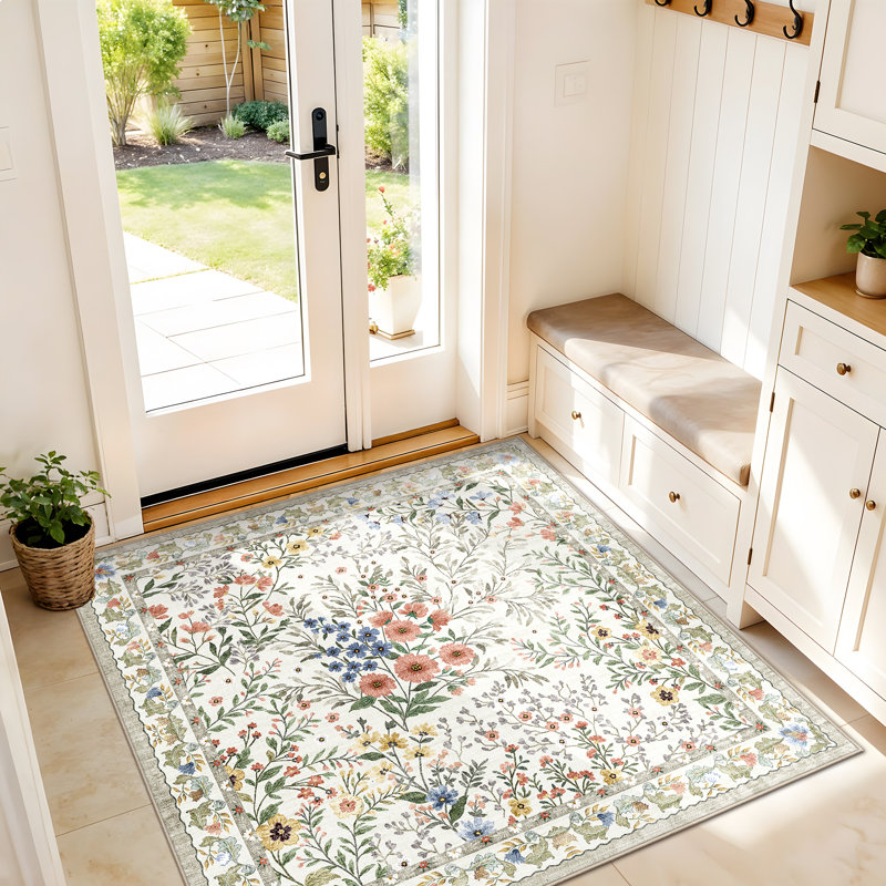 Tapis lavables à motif floral (120 x 100 cm) : Tapis imprimé floral bohème mignon, antidérapant, à poils courts, idéal pour le salon, la chambre, la cuisine, le bureau, l'entrée, le couloir ou une pièce de style champêtre.