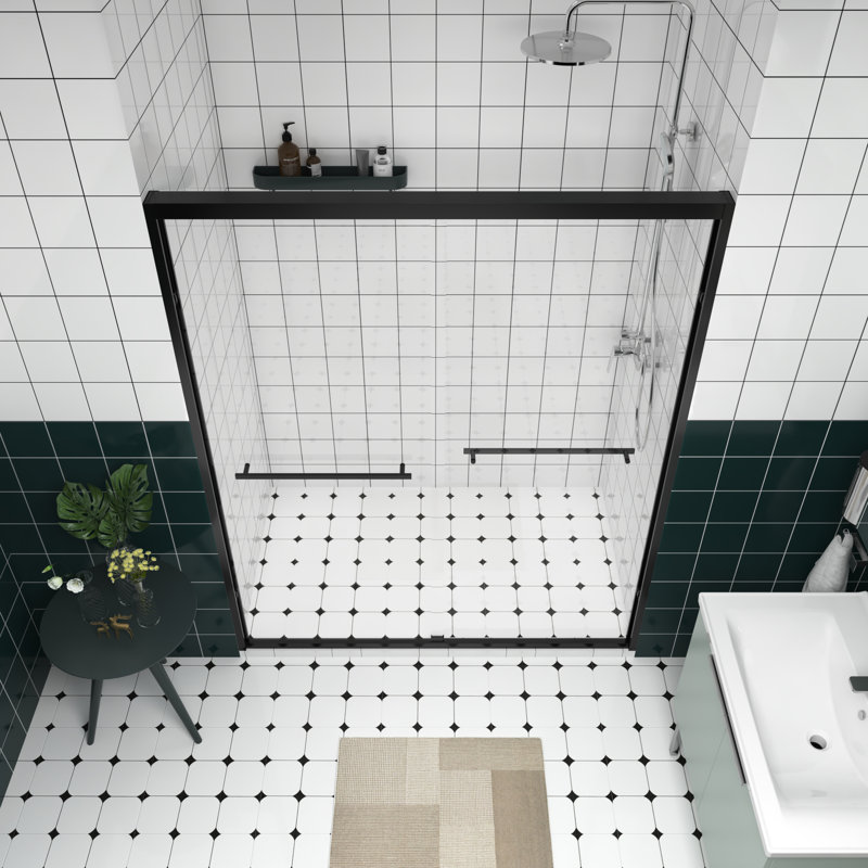 Porte de douche coulissante double à largeur réglable de 60 po avec poignée en acier inoxydable, conception imperméable, roulettes silencieuses, poignée comme porte-serviettes pour la salle de bain