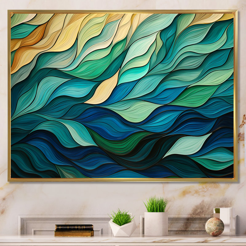 «Green and Yellow Gleaming», art mural «Collages abstraits», H 16 po x l 32 po, Encadrement doré