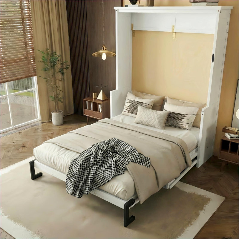 Small Space Guest Room Queen Size Vertical Murphy Bed Solid Pine Wood Classic White Space-Saving Hidden Wall Bed With Built-In Desk