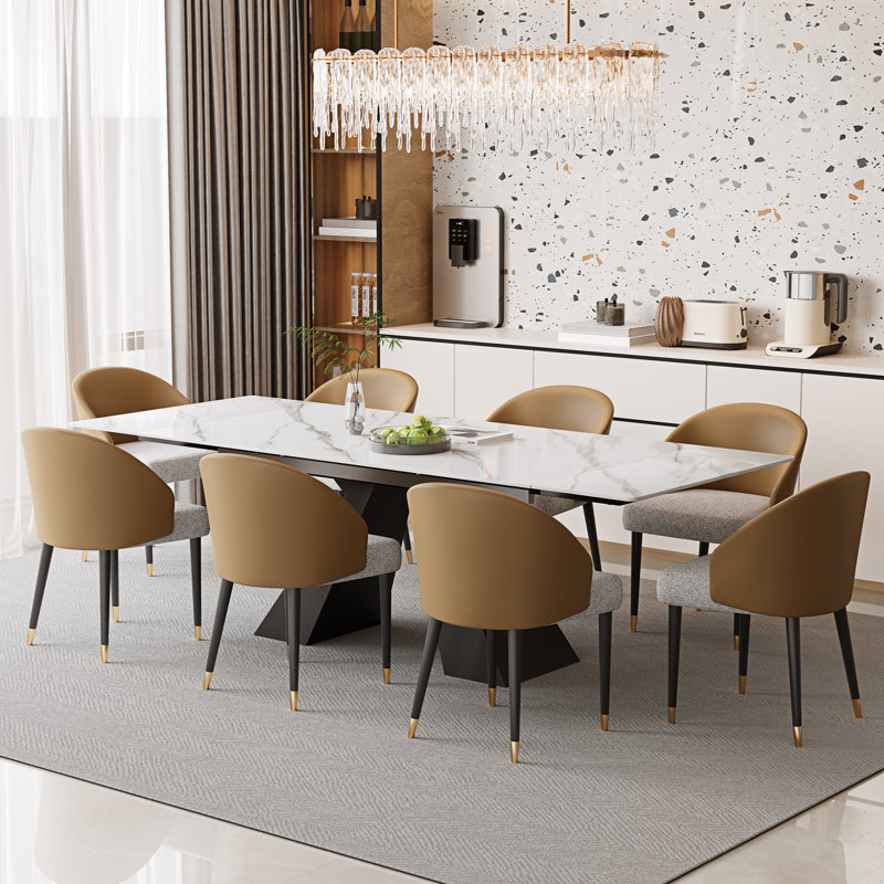 94.5”  Extendable Dining Table Set With Rectangular Sintered Stone Top And 8 Faux Leather Chairs, Brown/Gray
