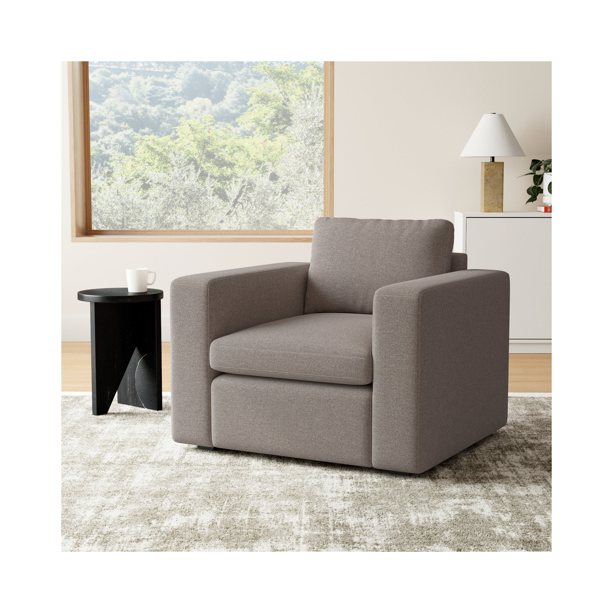 Benedict Upholstered Armchair, Mushroom Performance Basketweave