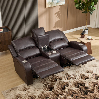Canapé deux places inclinable électrique en similicuir de 76 pouces de large avec console et porte-gobelets