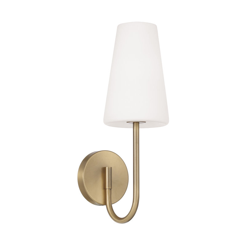 Applique murale à bras 1 lumière l 5,75 po x H 17,25 po en laiton vieilli avec verre blanc doux effilé, Laiton vieilli