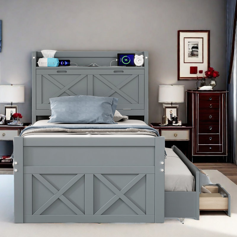 Roly Wooden Bed with Storage Headboard, Trundle, Three Storage and Outlets, Twin, Gray