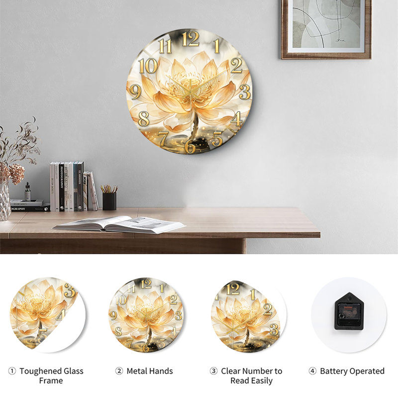 Horloge murale décorative moderne en verre Golden Lotus, 40 x 40 cm (15,7 x 15,7 pouces)