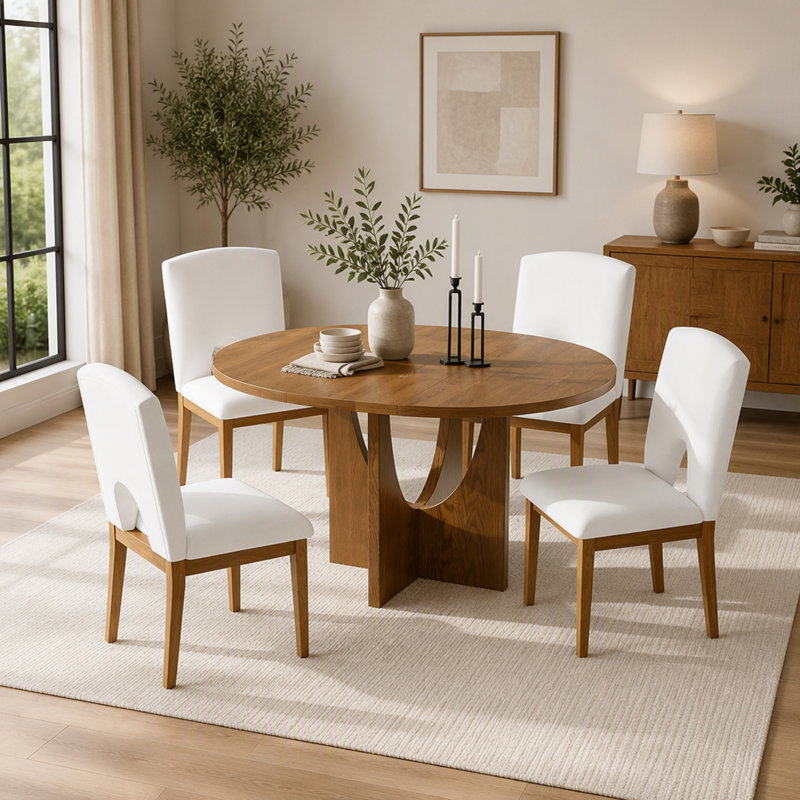 Ensemble de salle à manger rond extensible moderne de 5 pièces avec rallonge amovible de 41 cm (16,2 po), idéal pour les petits espaces.