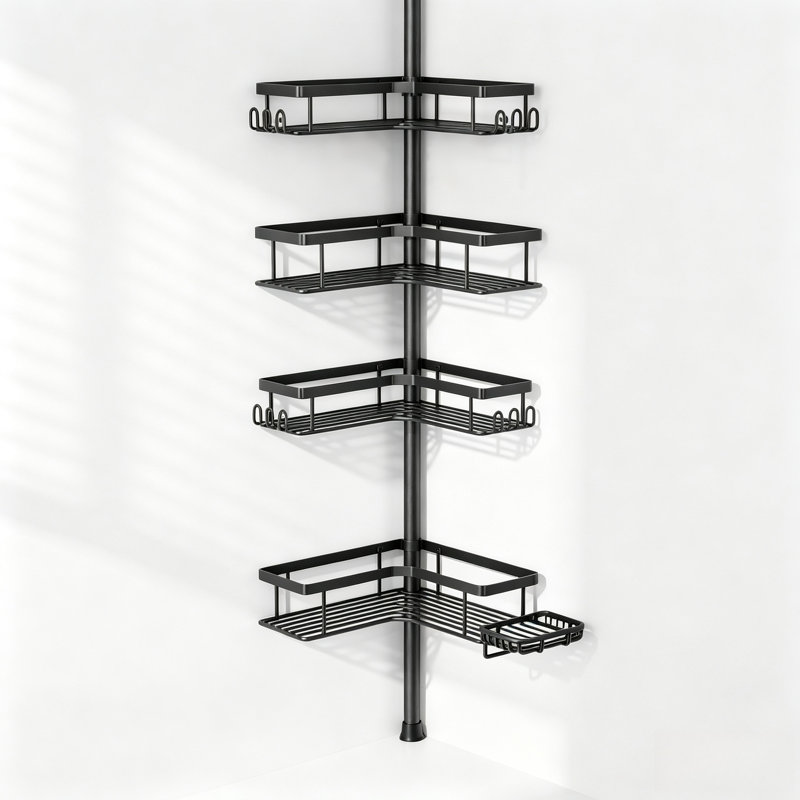 Étagère de douche d'angle à 4 niveaux en acier inoxydable antirouille, réglable en hauteur de 121,1 cm à 314,3 cm, noire