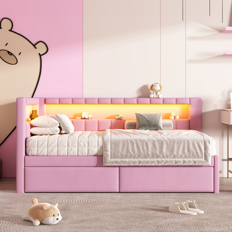 Lit plateforme élégant avec USB et DEL, options de rangement supplémentaires, Rose