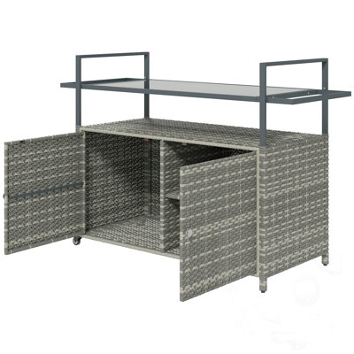 Wicker Patio Bar Table With 2-Tier Shelf & Cabinet