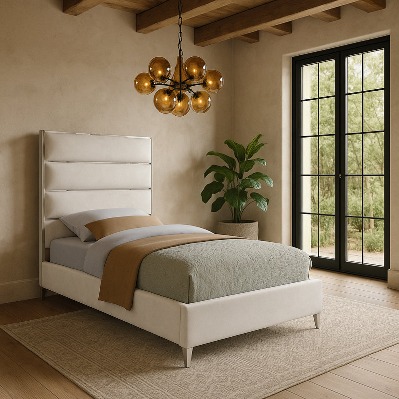 Lit plateforme tapissier Dietz, Velours blanc, Simple