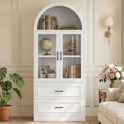 Meuble de rangement moderne et minimaliste à dessus arqué, meuble autoportant avec portes en verre trempé, étagères fixes à 2 niveaux et 2 grands tiroirs.