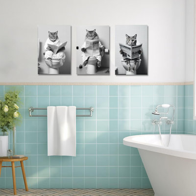 Drôle de décoration murale 3 pièces, un chat assis sur une toilette lisant des impressions sur toile en noir et blanc (salle de bain-3, 12,00 "x16,00" x3p)