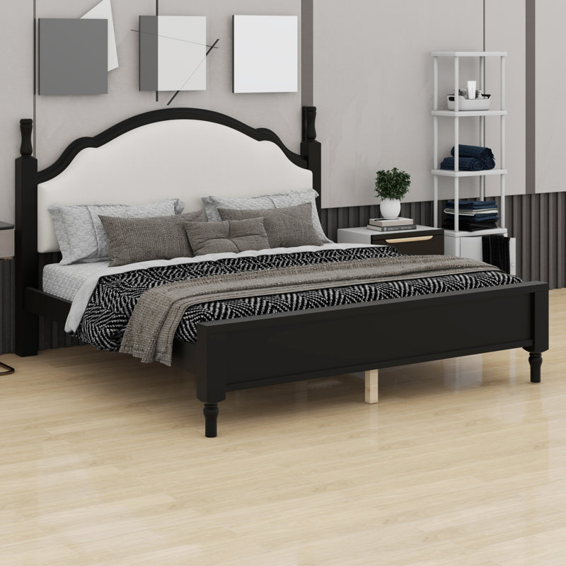 Lit plateforme en bois de style simple avec tête de lit tapissier élégante, Beige + noir