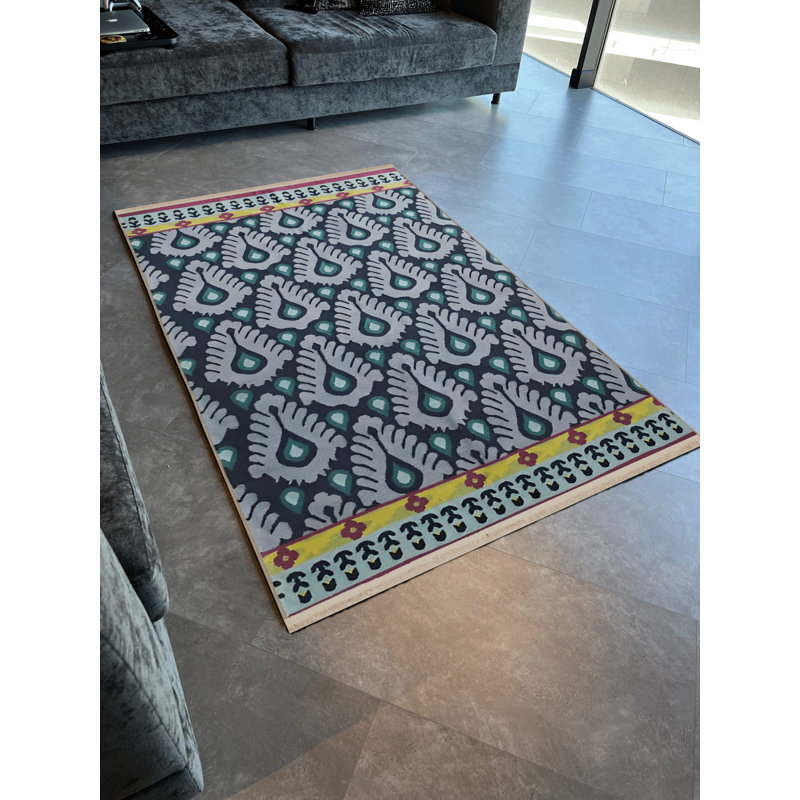 Tapis décoratif moderne à motif de fleurs bleues, Rectangle 4 pi 11,06 po x 7 pi 6,55 po