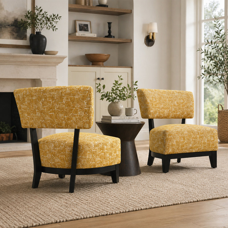 2-Pieces Subtle Abstract Textured Fabric Accent Chair, Yellow
