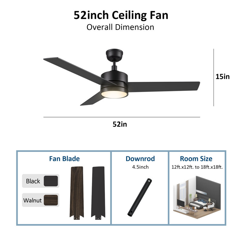 52" Ceiling Fan with Light and Wall Control, Black, Walnut