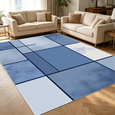 Tapis de salle de bain 1 pièce à motif géométrique en mosaïque bleue à motif d'aquarelle pour le salon, doux et confortable, adapté à toutes les saisons, facile à entretenir et lavable à la machine