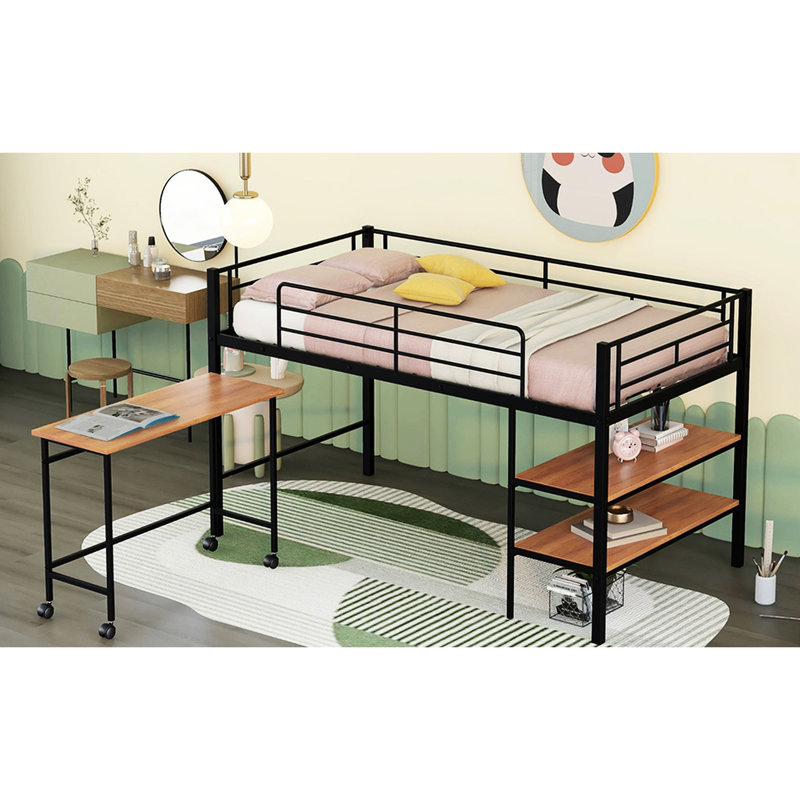 Lit mezzanine simple en métal avec bureau et tablettes en noir. Fabrication robuste. Conception pour la chambre à coucher. Bibliothèque intégrée. Abondant sous le bureau. Protégé par un garde-corps et des lattes. Pas de fondation ni de sommier