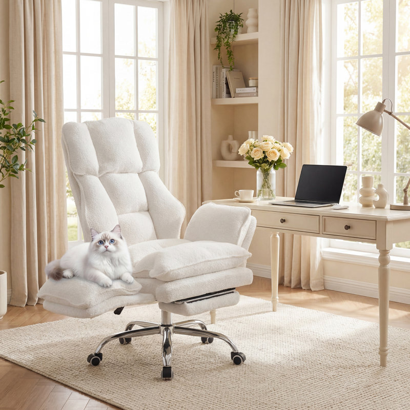 Executive Ergonomic Gaming Chair with Footrest, Teddy Fleece Wide Seat and Reclining Feature, white