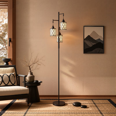 72” Industrial 3-light Floor Lamp with Decorative Cage Shades