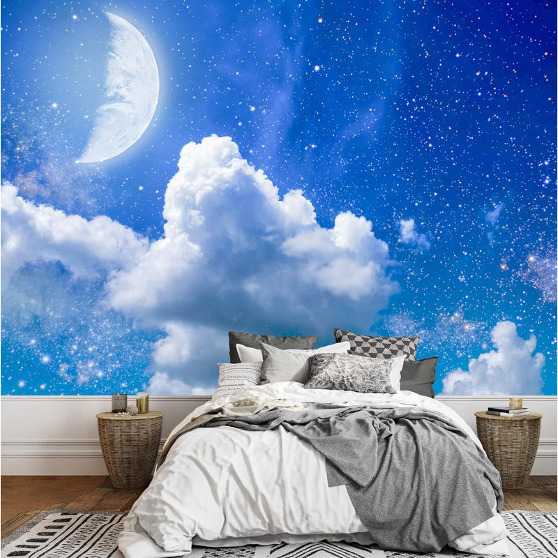 Croissant de lune, nuage bleu, ciel, nature, photographie, paysage rustique décoratif, L 66 po x l 96 po