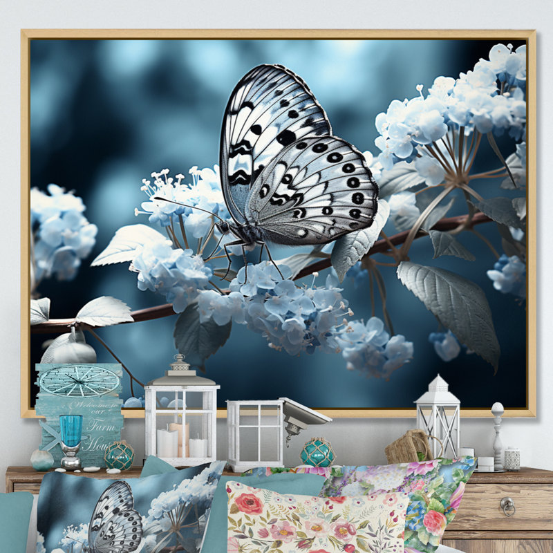 «Reg Blue Butterfly Haven II» sur toile, Cadre naturel flottant, H 24 po x l 32 po x P 1 po