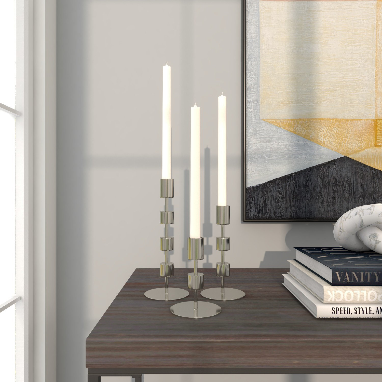 3 Piece Aluminum Tabletop Candlestick Set, Polished Silver