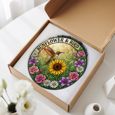7.8"H Sunflower Bird Stained Glass Window Panel