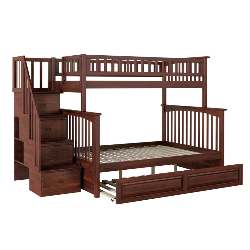 Lit superposé avec escalier de rangement en bois massif Blaisdell, Simple sur double, Noyer