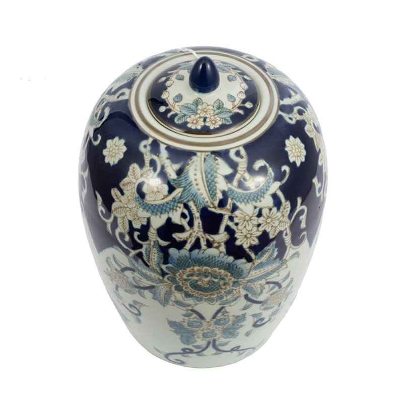 Botanical Ginger Jar With Lid, Blue White Floral Motifs, 11 Inch