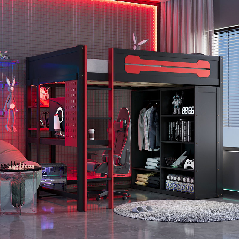 Full Size Loft Bed with Desk, Open Wardrobe & RGB Light, Multi-Functional Bed for Kids & Teens, Red, Red