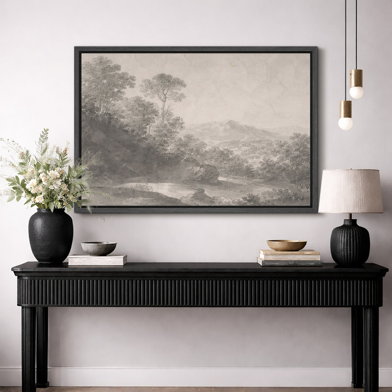 Monochromes de forêt brumeuse, œuvre d'art, impression sur toile encadrée, H 24 po x l 36 po, Cadre flottant noir