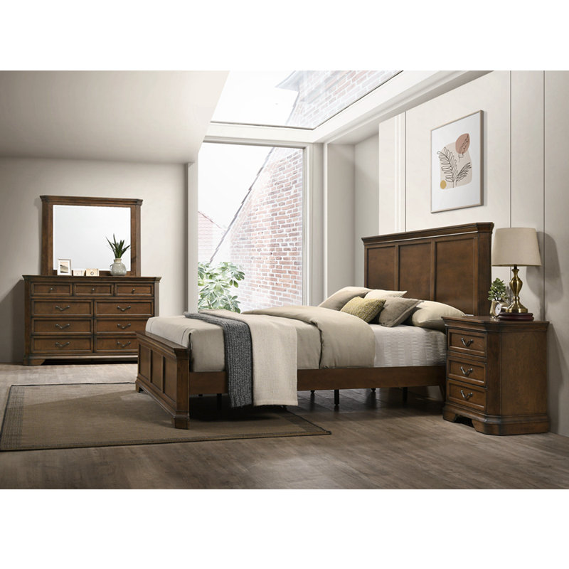 4-Pieces Traditional Wood Panel Bed with Dresser, Mirror, Nightstand, Queen