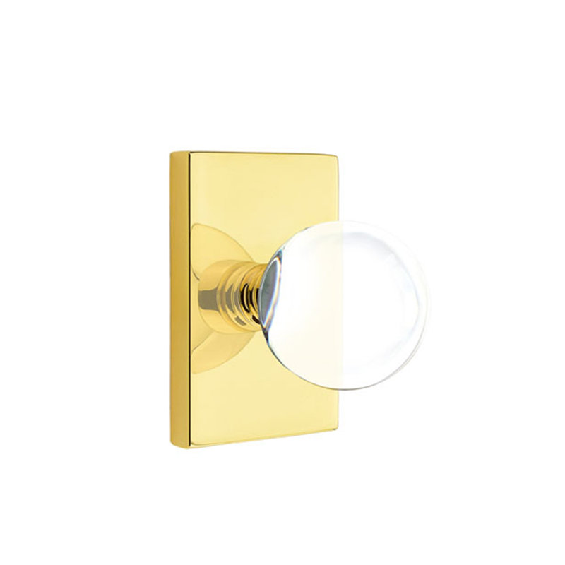 Ensemble de boutons d'intimité Emtek avec rosette rectangulaire moderne et bouton en verre Bristol, Laiton non laqué