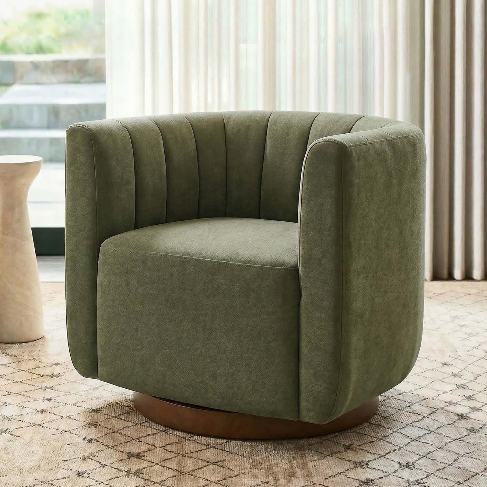 Becki Owens for Joss & Main Channel Tufted Velvet Swivel Armchair, Vesper Forest Performance Velvet