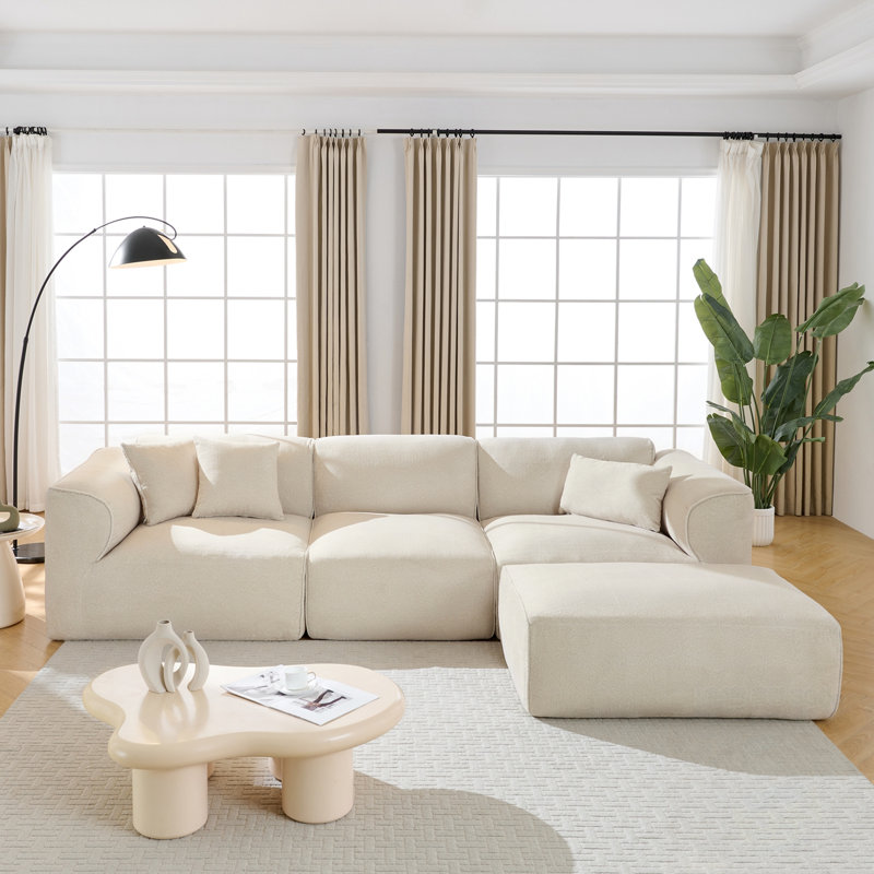 Canapé modulaire en L avec 3 coussins décoratifs, Velours beige