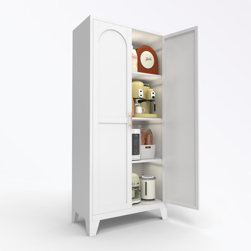 Armoire avec serrure, 2 portes, poignées en métal et tablettes réglables, Blanc