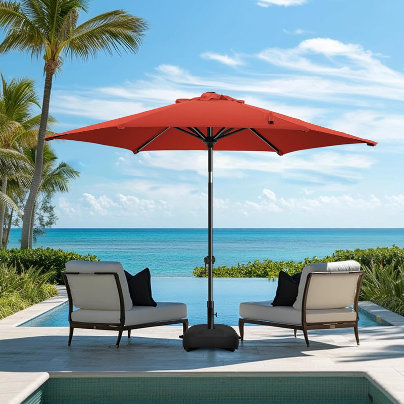 Parasol de marché 7,5 pi avec base et bouton-poussoir inclinable, Rouge