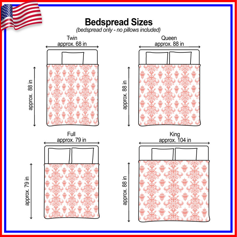 Pink Damask Pattern Quilted Bedspread All Sizes, Queen