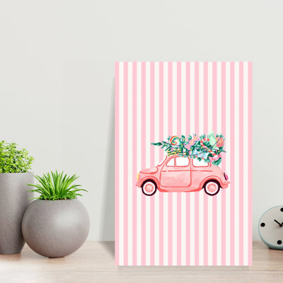 Sweet Holiday Ride Retro Vintage Whimsical Christmas Tree Winter Landscape Wall Art Print 1 Piece Wrapped Canvas Wall Art