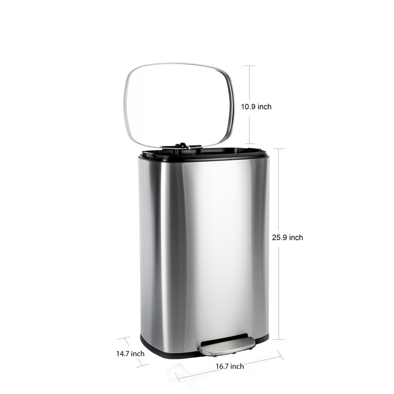 Poubelle à pédale rectangulaire en acier inoxydable 13 gallons avec couvercle à fermeture en douceur 13 gallons